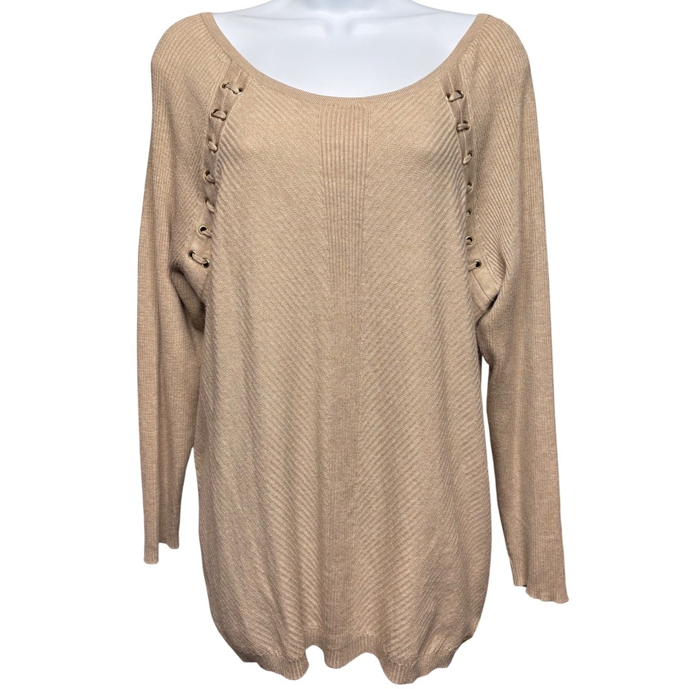 CALVIN KLEIN Womens Beige Grommet Ribbed Pullover Sweater XL Neutral Modern Chic
